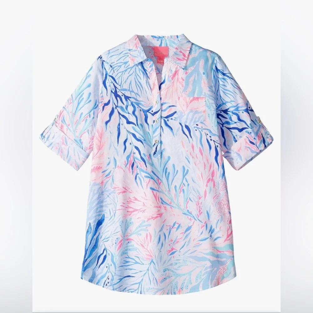 Lilly‎ Pulitzer Natalie Cover-up Dress Crew Blue Tint kaleidoscope Coral XL Kids